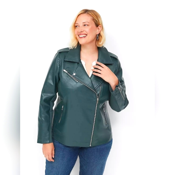 🆕️ NWT Green Faux-Leather Moto Jacket Lane Bryant Size 18/20 - Picture 2 of 11